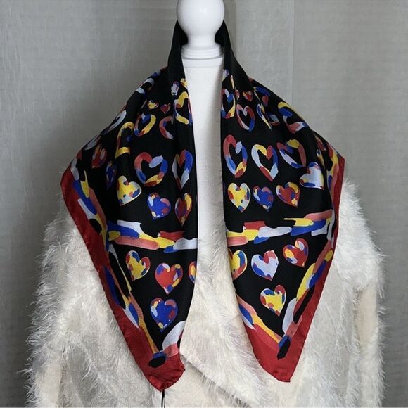 MOSCHINO Red Multicolored Hearts Silk Square Scarf - Picture 2 of 8
